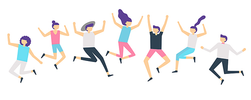 Jumping people. Active adults friends group jump. Happy female and male characters jumped and laugh, excited joyful jumping team flat vector illustration isolated icons set