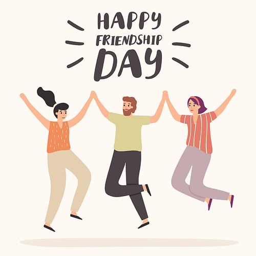 Happy friendship day card. Friendships celebration, happy friends standing together and embracing. Social relationship banner, friend characters togetherness vector template illustration