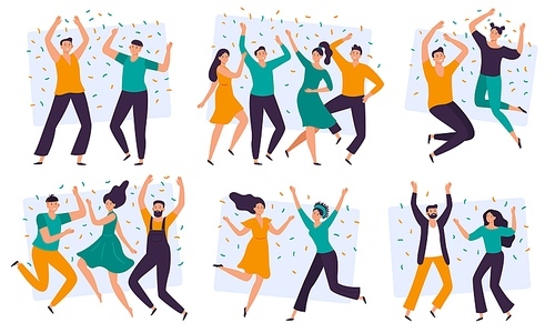 Joyful people. Cheerful couple, happy team celebrating together and group of smiling people. Excited teenager friends characters or joyful businesspeople. Isolated flat vector illustration icons set