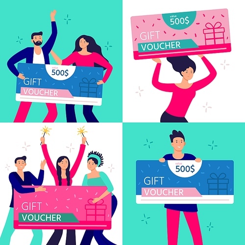 people hold gift . happy man, woman and couple rejoicing winning and holding gifts certificate. group of people win gift voucher. characters with shopping discount flat vector illustration set