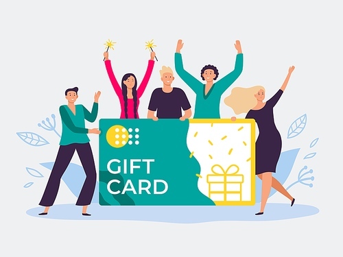 gift card voucher. gift certificate, discount cards for customers and happy people hold gift . shopping voucher prize winning flat vector illustration