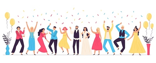 People dancing at wedding. Romance newlywed dance, traditional wedding celebration celebrating with friends and family vector illustration. Cute happy bride, groom and guests having fun at party.