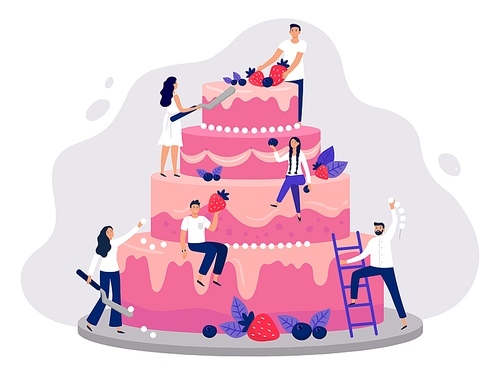 Wedding cake. Bakers decorate pink wedding cake, people cooking together and sweet dessert with berries vector illustration. Happy men and women garnishing pastry meal with cream and strawberries.