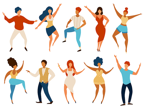 Dancing people. Happy young men and women dance and having fun. Cartoon party dancers company. Teenage girls and boys in club, vector set. Illustration people disco cheerful entertainment