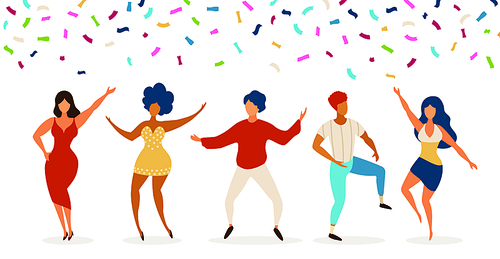 Dancers. Group of young people dancing in club. Celebration party with confetti. Happy teens dance, jump together. Funny vector characters. Illustration young people group in club