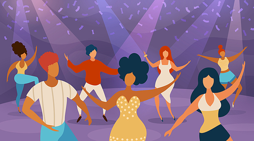People dance floor. Happy women and men dancing on disco party. Cartoon dancers in nightclub concert. Music fun night in club vector concept. Illustration nightclub dancing, party and disco