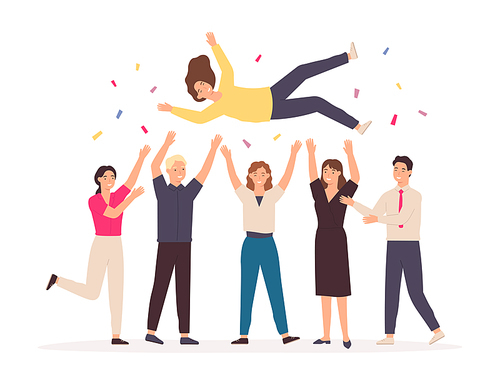 Team throwing person in air. Celebrate win and business success congratulation. Friends toss up woman at party with confetti vector concept. Young man and woman employees achieving victory