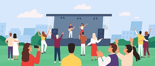 Open air concert. People enjoying outdoor performance with musician band on stage. Crowd listen and dance. Music show in park vector concept. Illustration festival concert, music performance outdoor