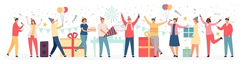 Friends at birthday. Business team celebrate holiday event with cake, balloons, gifts and confetti. Men and women at party vector concept. Friend coming with present boxes, drinking champagne