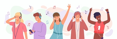 People enjoy music. Man and woman in headphones dancing. Happy teenagers listen songs on mobile. Radio music podcast cartoon vector concept. Woman and man group listen and dancing illustration