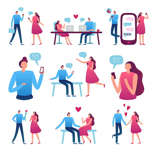 Online dating couple. Man and woman romantic meeting, perfect match internet dating chat and blind date service for flirting couples talking. Flirt app vector isolated icons illustration set