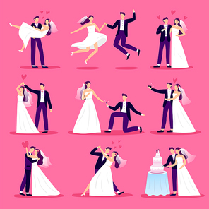 Marriage couple. Just married couples, wedding dancing and weddings celebration. Newlywed bride and groom, marriage ceremony or new husband and wife family. Vector illustration isolated icons set