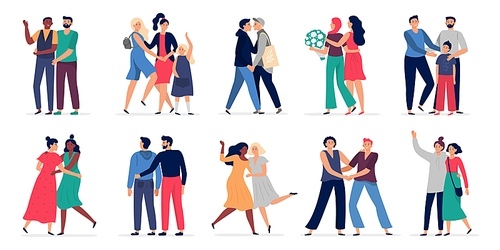 LGBT couples. Romantic gay couple date, happy people hugging and dancing together. Gays and lesbians couples with children vector illustration set. Romantic couple lgbt, homosexual boyfriend