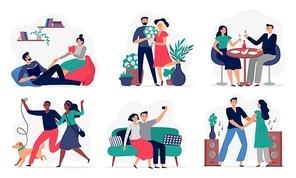 Lovers spend time together. Couples in love, happy people love each other and lifestyle vector illustration set. Woman and man together, love and relationship