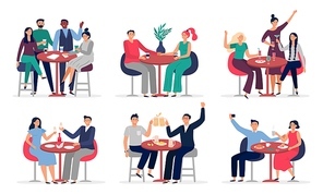 People sitting at cafe table. Couples in love on date, cafe meeting with friends vector illustration set. People in restaurant or cafe, couple talking