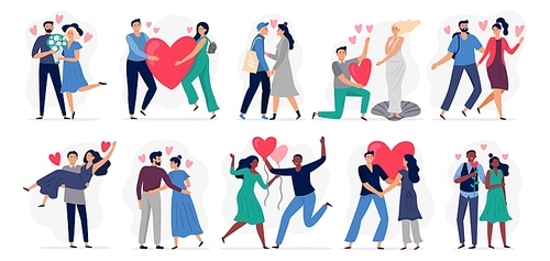 People in love. Vector illustration set. Woman and man. Relationship boy and girl, young cartoon smiling with hearts. Happy situation female and male