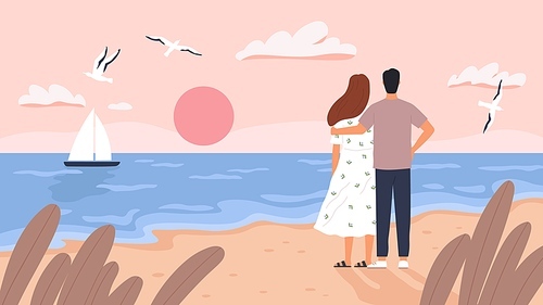 Couple at sea sunset. Man and woman on date at summer beach. Seascape with boat, gulls and tourists. Romantic wedding travel vector concept. Sea coast beach, love romantic together illustration
