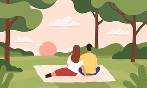 Couple in forest. Man and woman hugging and looking at sunset in park. Romantic picnic in summer forest landscape. Love date vector concept. Couple woman and man in forest illustration