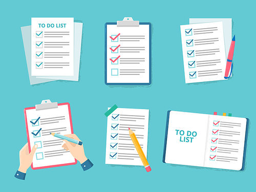 Business checklist. Priority list checks, check mark list and checking paper to do checklists. Office checks forms, businessman organization questionnaire. Flat vector illustration isolated icons set