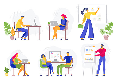 Office workflow. Working business people, remote teamwork and workers team collaboration. Enthusiastic team discussion, illustrator creative startup. Flat vector illustration isolated icons set