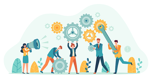Business people with gears. Employee team create mechanism with cogs, manager with megaphone. Tiny person teamwork motivation vector concept. Idea of office worker working productively