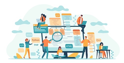 Program development team. Web or software developers, programmer and coding engineer work in group. IT-specialists write code vector concept. Illustration programming development team