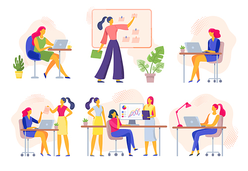 Female office workers. Business woman holds meeting, women team work together and businesswoman with laptop. Working female, executive woman employee vector illustration isolated icons set