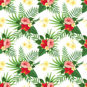 Tropical flowers seamless pattern. Summer tropic flower, wild plants leaves and tropics floral party. Exotic flowers for hawaiian wedding card or wallpaper vector background