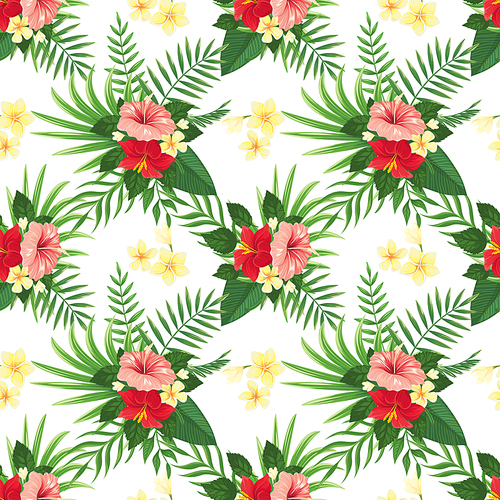 Tropical flowers seamless pattern. Summer tropic flower, wild plants leaves and tropics floral party. Exotic flowers for hawaiian wedding card or wallpaper vector background