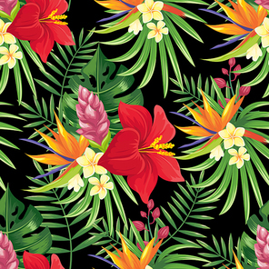 Rainforest flowers seamless pattern. Tropical flower leaves, tropic jungle plants and exotic floral branch. Hawaii wallpaper or textile fabric  with monstera leaf vector background