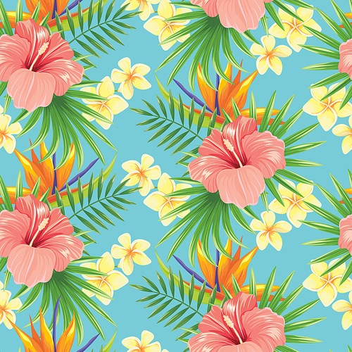 Flowers seamless pattern. Stylish spring flower, tropical plants leaves and floral ornamental tiles. Hawaiian tropic exotic hibiscus botanical wrapping vector background