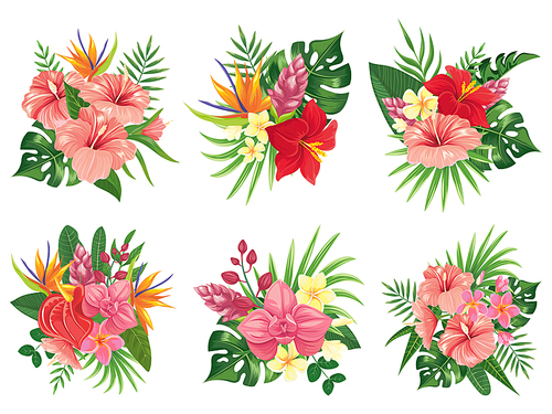 Tropical flowers bouquet. Exotic palm leaves, floral tropic bouquets and tropicals wedding invitation. Hibiscus flower and monstera hawaiian flora green. Vector illustration isolated icons set