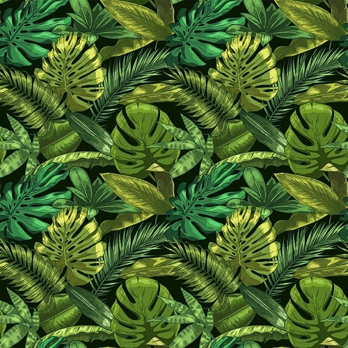 Green tropical leaves seamless pattern. Color monstera and tropic palm leafs, botanical garden floral vector illustration. Seamless exotic tropic, jungle green decoration