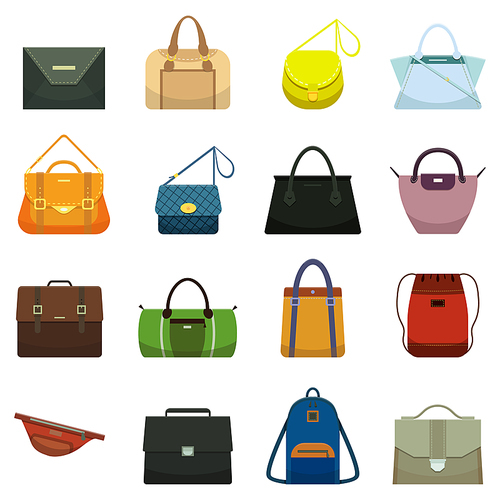 Female fashion leather handbags and male accessory. Colorful yellow green gray brown blue black lady handbag accessories, beauty bags and purse model collection vector cartoon set
