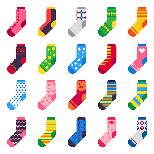 Flat socks. Long sock for child feet, elastic colorful fabric and striped Xmas warm kids ankle or sport feet cotton or wool comfort clothes vector isolated icons set