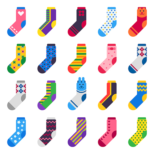 Sock icon. Sport long socks, kids feet clothes and striped warm hosiery, mens dirty stinky football calf clothing, men leg fabric cotton isolated vector sign flat set