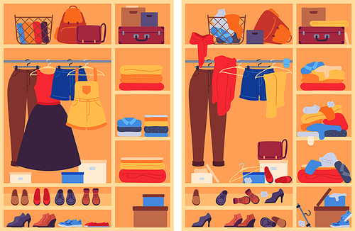 Messy clothes in wardrobe. Open closet with messy, organized shoes and accessories, cloakroom before and after organization, vector concept. Wardrobe clothes and messy closet illustration