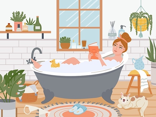 Woman in bath. Relaxed girl in bathtub with foam bubbles read in bathroom interior with plants. Self care and hygiene, spa vector concept. Illustration bathroom young female, bath and spa