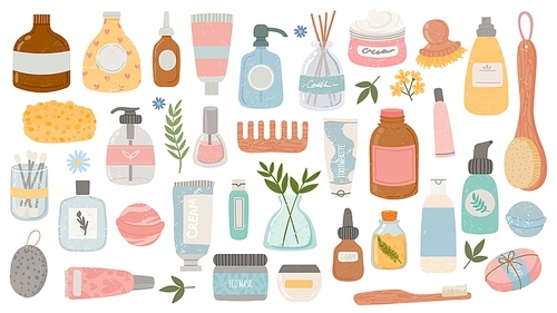 Flat hygiene and beauty products. Cosmetic bottles and tubes, bath accessories, lotion, shampoo, oil and scrub. Organic skin care vector set. Illustration hygiene bottle, cream and lotion