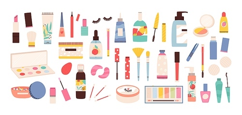 Makeup tools. Beauty cosmetic products in bottles, lipstick, mascara brush, eye shadows, polish and creams. Make up and skin care vector set. Illustration makeup and bottle with cream for care