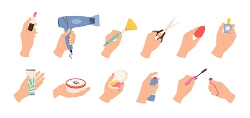 Hands hold cosmetic. Female hairdresser and stylist hand with scissors, hair dryer and beauty products, nail polish and creams, vector set. Illustration hand with care tools to make up