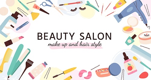 Beauty salon banner. Poster for hairdresser, makeup artist and nail salons with cosmetics and skin care products, fashion vector template. Beauty salon banner, makeup and hairdryer illustration