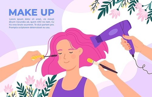 Girl in beauty salon. Makeup artist and hairdresser hands with brush, mascara and dryer. Cosmetic products, hair care poster vector concept. Illustration salon beauty, makeup and barber
