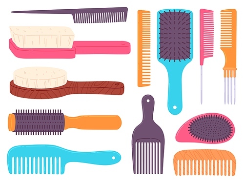 Cartoon hairbrushes and professional comb for hair styling. Curling and style brush. Hairdresser, stylist and beauty salon tools vector set. Illustration of hairbrush and comb, haircut and grooming