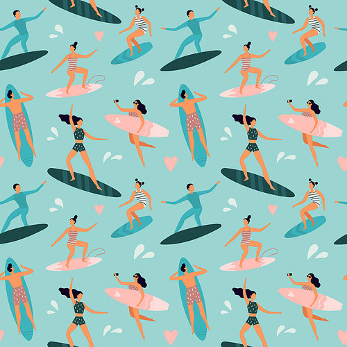 Beach surfing. Surfers with surfboards, surfer rides wave and summer outdoors surfboards. Surfing sport, miami ocean surfers extreme action wallpaper. Seamless vector pattern illustration