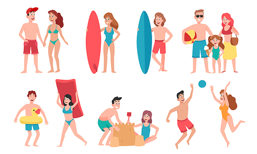 Beach people. Family holiday vacation, sunbathing on beach and happy friends summer fun. Traveler characters, swimmer surfboard tourism. Cartoon vector isolated icons illustration set