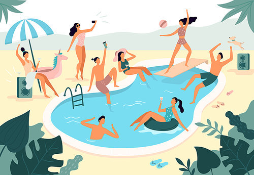Swimming pool party. Summer outdoors people in swimwear swim together and rubber ring floating in pool water. Beach seaside swim party, pool vacation poster vector illustration