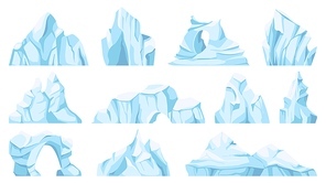 Cartoon iceberg. Drifting arctic glacier or ice rock. Frozen water, antarctic ice peaks, icy mountain for game, nature objects vector set. North pole broken pieces or ice blocks and bergs