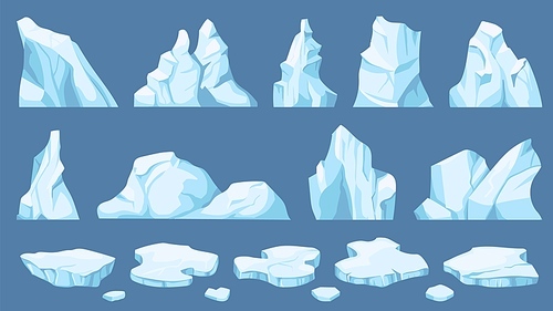 Cartoon arctic ice. Icebergs, blue floes and ice crystals. Icy cliff, cold frozen block of different shapes for game and decor vector set. Winter snowy hills and mountains elements