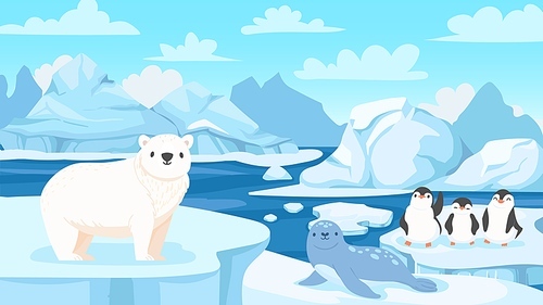 Cartoon arctic landscape with animals. White bears, seal and penguins on drifting and melting glacier in ocean, snow mountains iceberg polar winter season cartoon vector illustration.